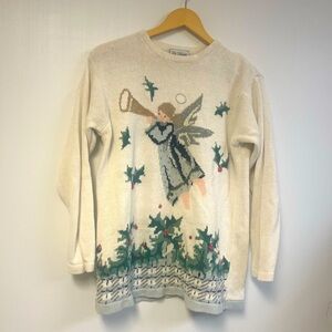 Liz‎ Claiborne The Village Ivory Angel & Holly Christmas Sweater Large Beaded